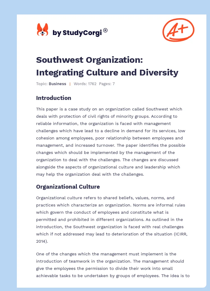 Southwest Organization: Integrating Culture and Diversity. Page 1