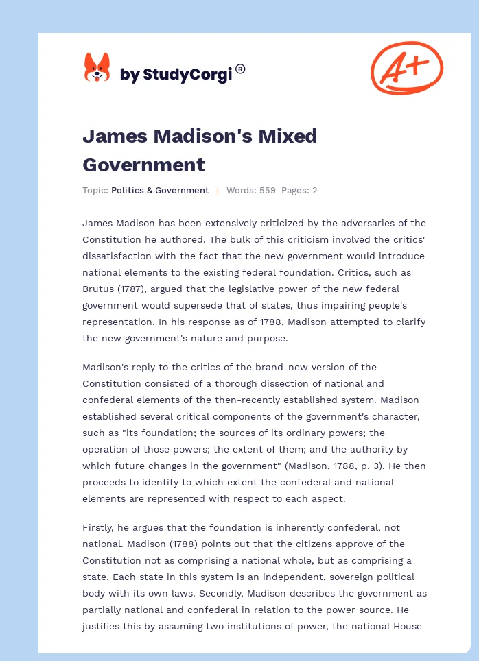 James Madison's Mixed Government. Page 1