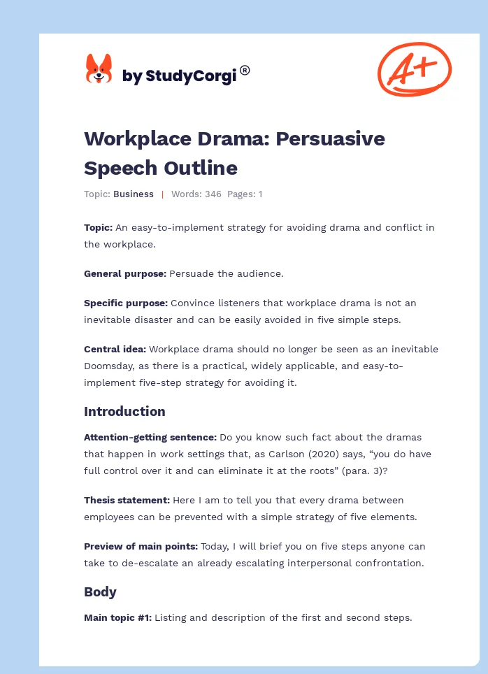 Workplace Drama: Persuasive Speech Outline. Page 1