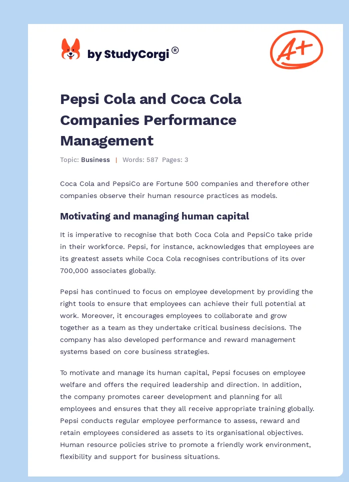 Pepsi Cola and Coca Cola Companies Performance Management. Page 1