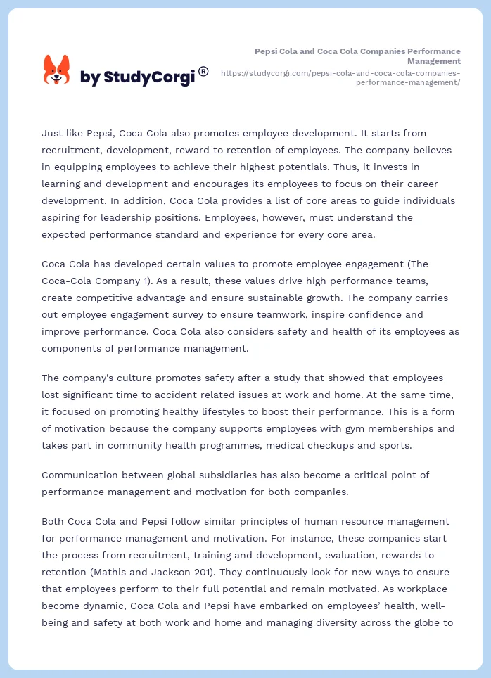 Pepsi Cola and Coca Cola Companies Performance Management. Page 2