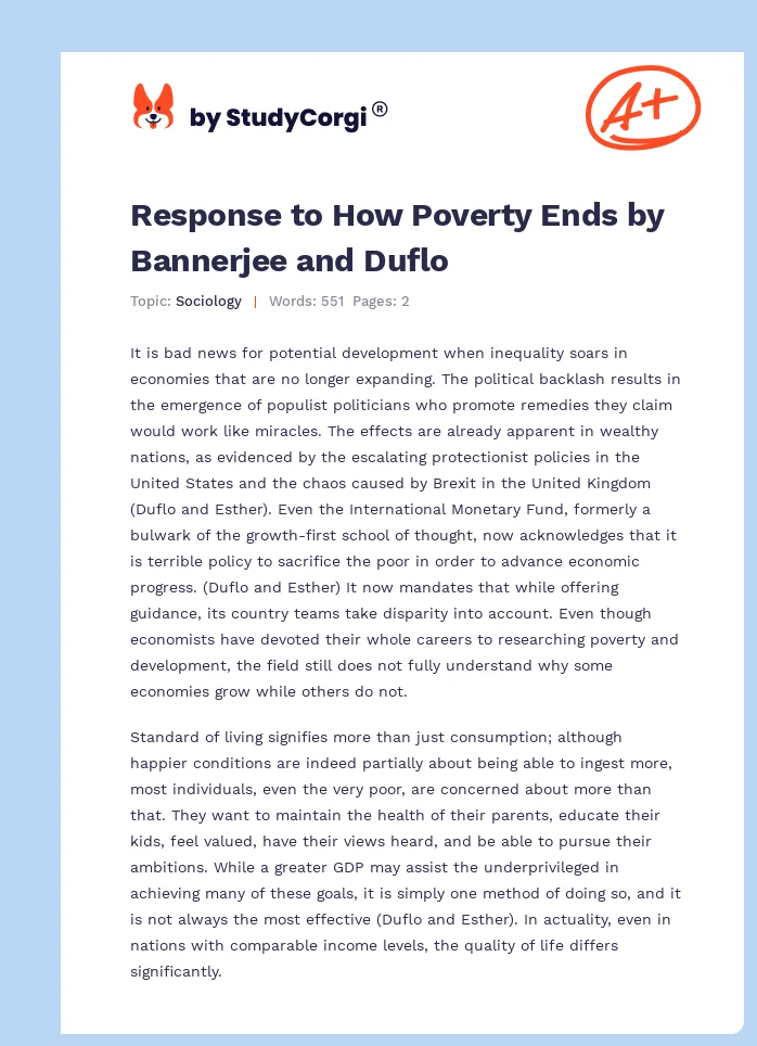 Response to How Poverty Ends by Bannerjee and Duflo. Page 1