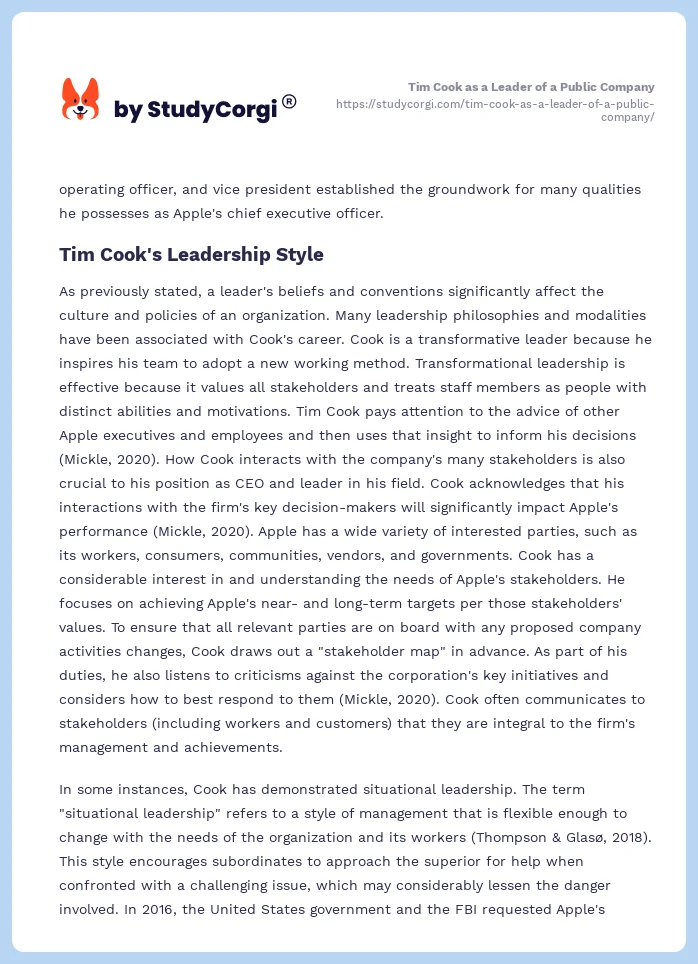 Tim Cook as a Leader of a Public Company. Page 2