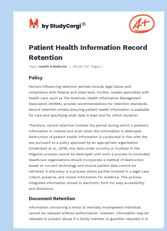 Patient Health Information Record Retention. Page 1
