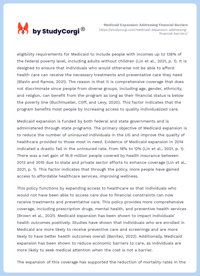 Medicaid Expansion: Addressing Financial Barriers. Page 2