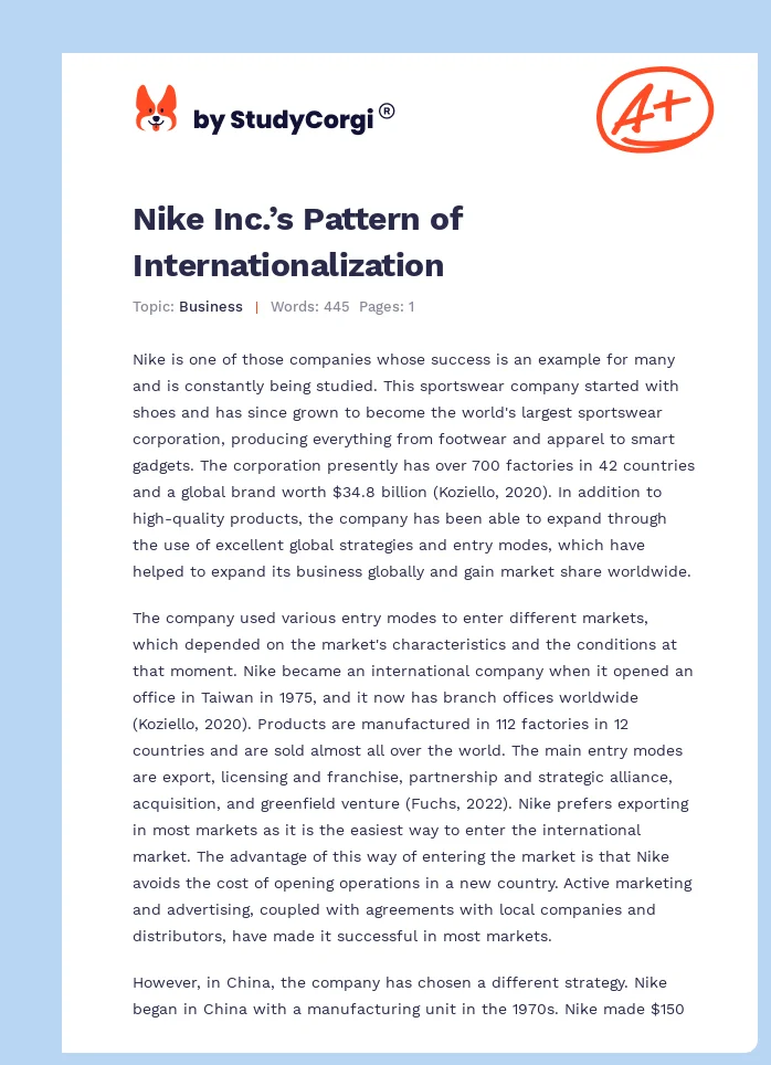 Nike Inc.’s Pattern of Internationalization. Page 1