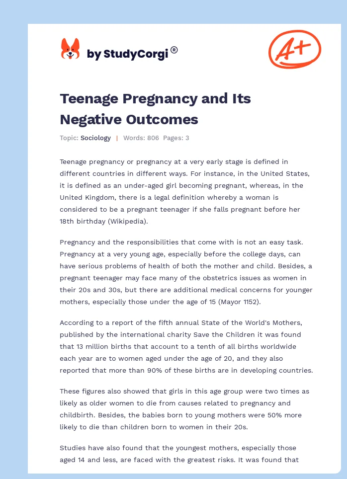 Teenage Pregnancy and Its Negative Outcomes. Page 1