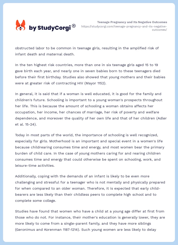 Teenage Pregnancy and Its Negative Outcomes. Page 2