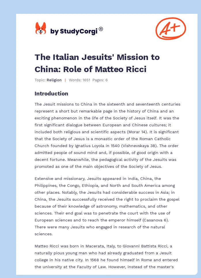 The Italian Jesuits' Mission to China: Role of Matteo Ricci. Page 1