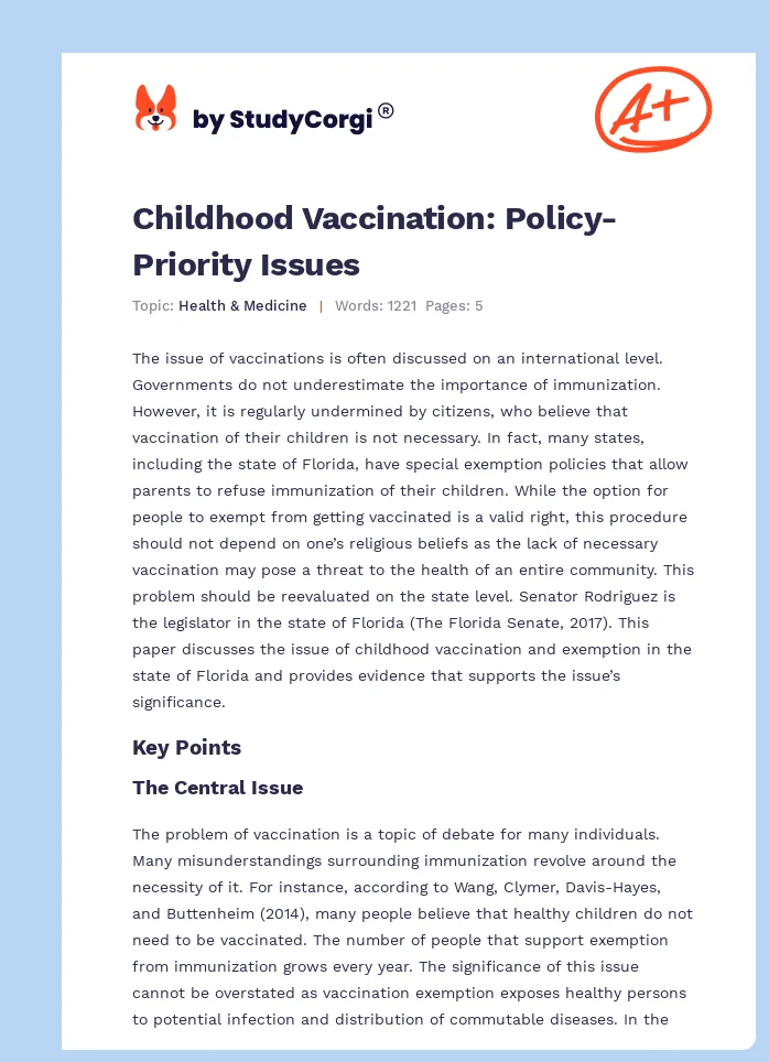 Childhood Vaccination: Policy-Priority Issues. Page 1