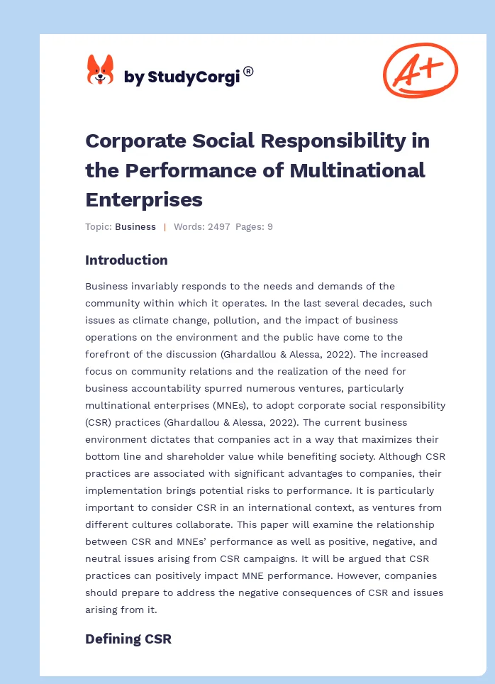 Corporate Social Responsibility in the Performance of Multinational Enterprises. Page 1