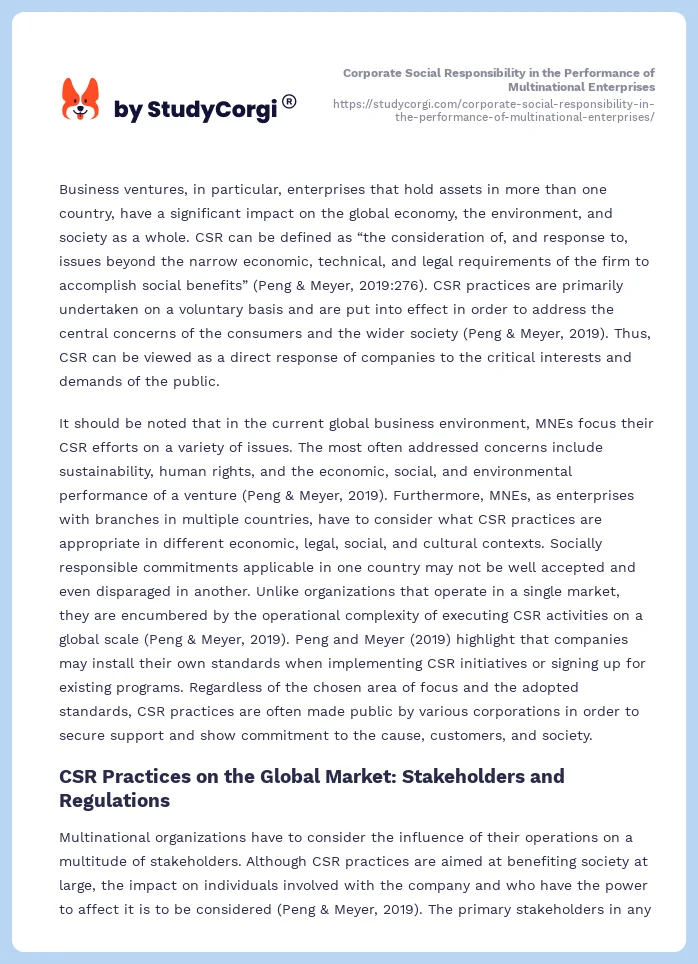 Corporate Social Responsibility in the Performance of Multinational Enterprises. Page 2