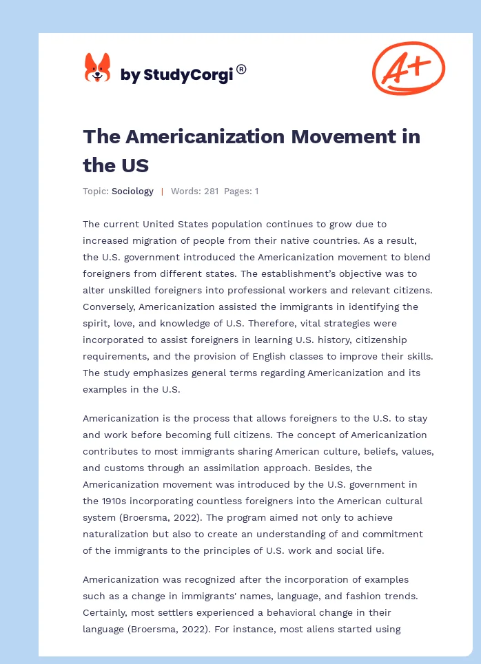 The Americanization Movement in the US. Page 1