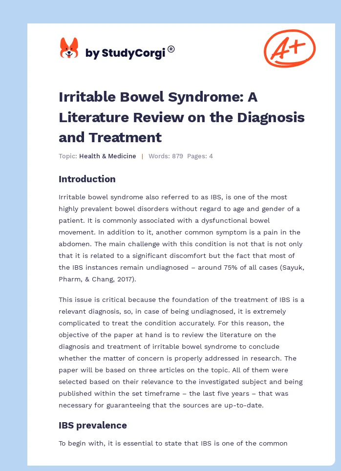 Irritable Bowel Syndrome: A Literature Review on the Diagnosis and Treatment. Page 1