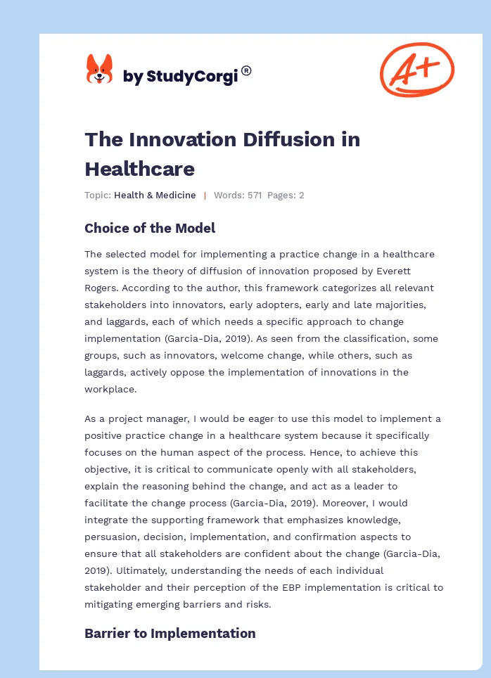 The Innovation Diffusion in Healthcare. Page 1