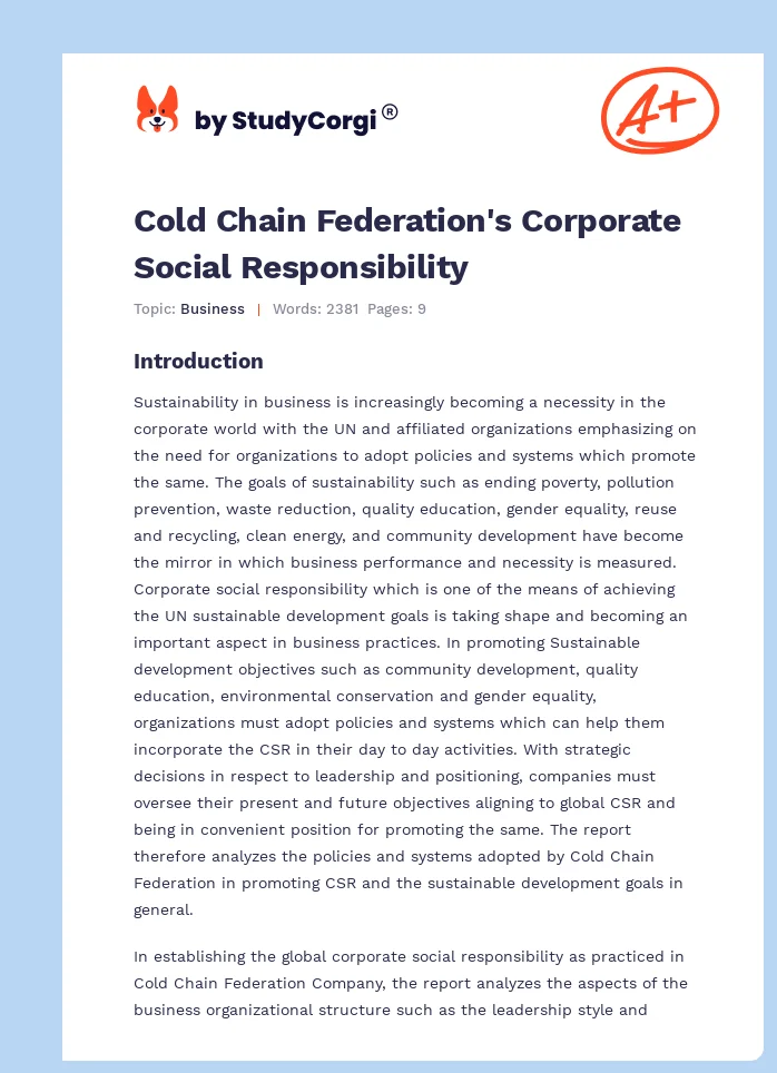 Cold Chain Federation's Corporate Social Responsibility. Page 1