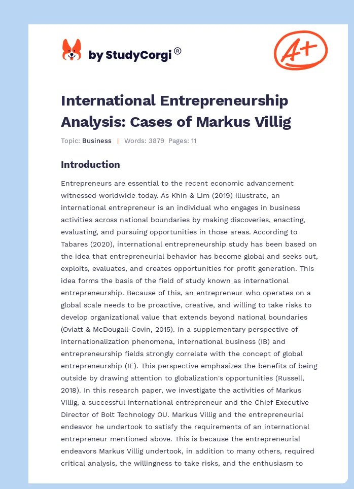 International Entrepreneurship Analysis: Cases of Markus Villig. Page 1