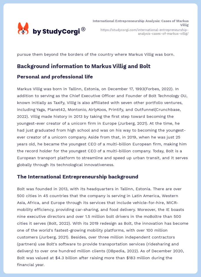 International Entrepreneurship Analysis: Cases of Markus Villig. Page 2