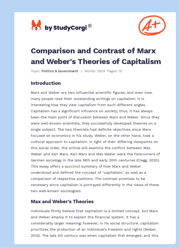 Comparison and Contrast of Marx and Weber's Theories of Capitalism. Page 1