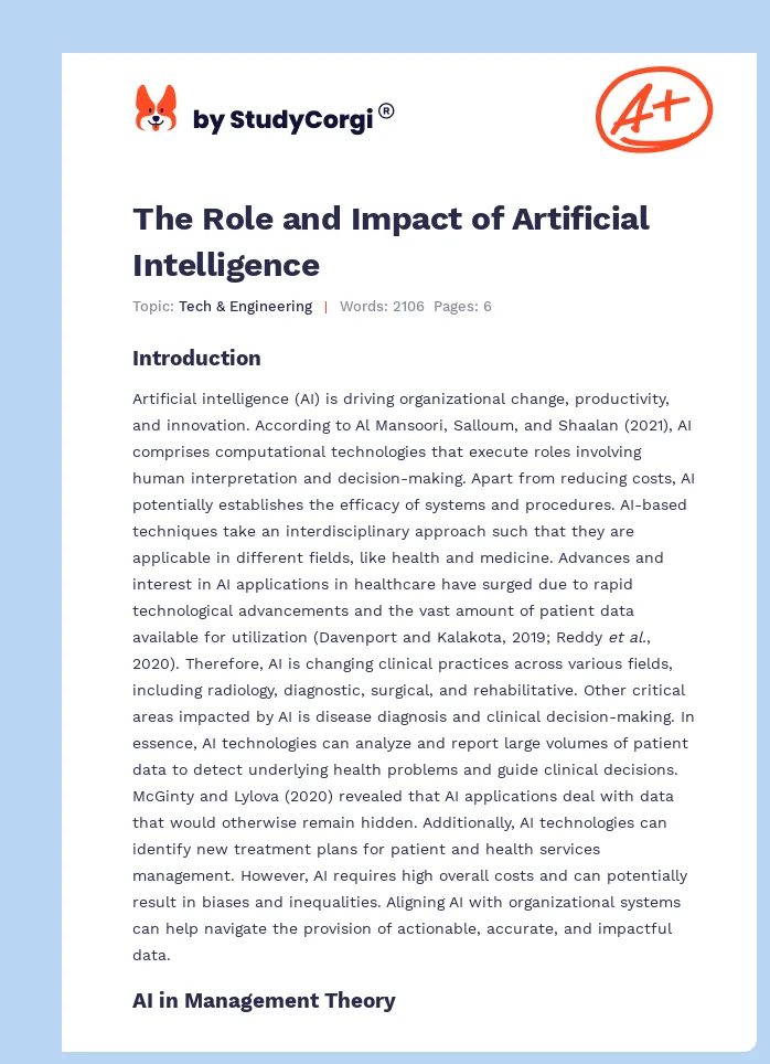 The Role and Impact of Artificial Intelligence. Page 1