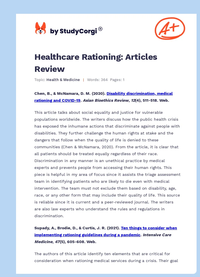 Healthcare Rationing: Articles Review. Page 1