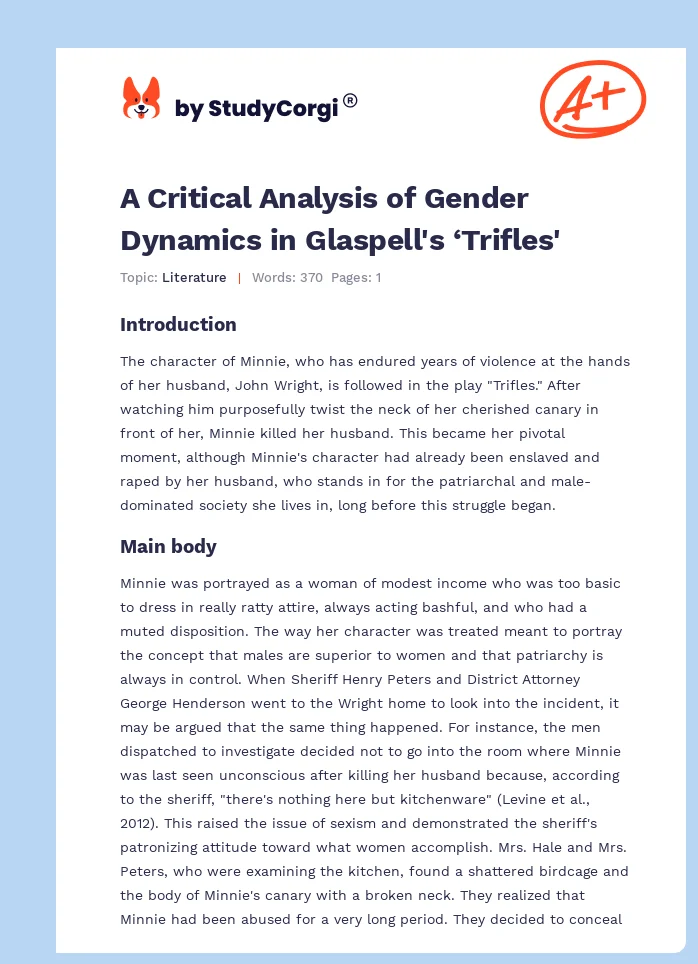 A Critical Analysis of Gender Dynamics in Glaspell's ‘Trifles'. Page 1
