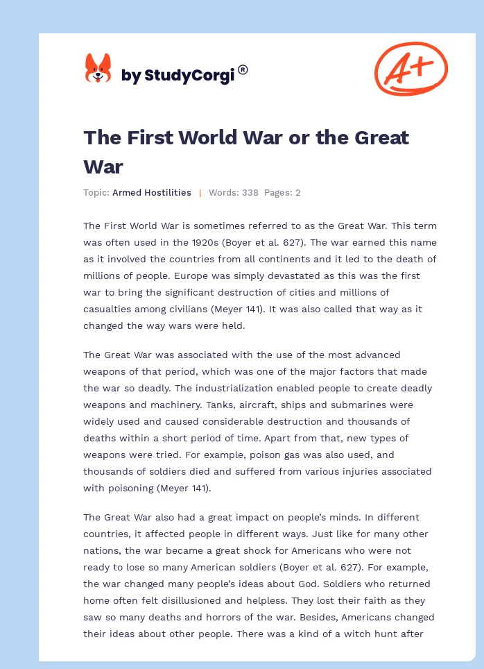 The First World War or the Great War. Page 1