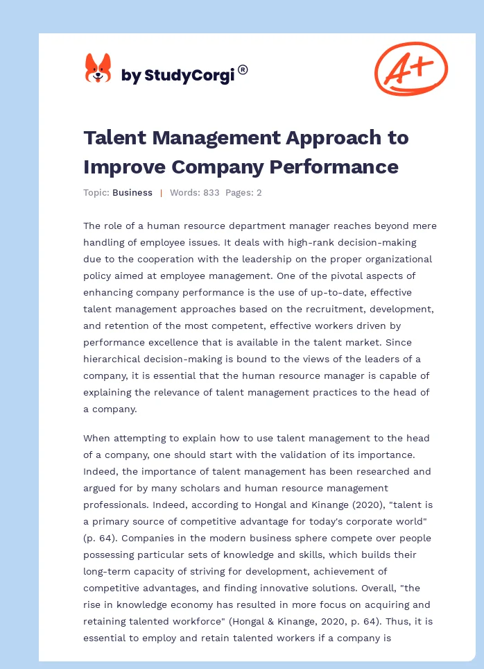 Talent Management Approach to Improve Company Performance. Page 1