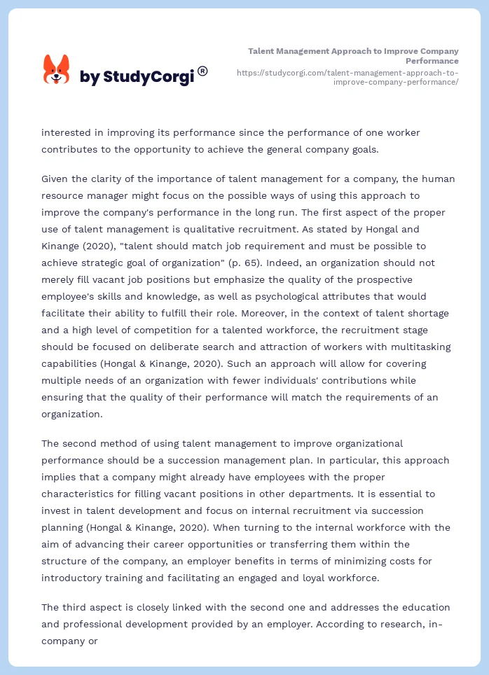 Talent Management Approach to Improve Company Performance. Page 2