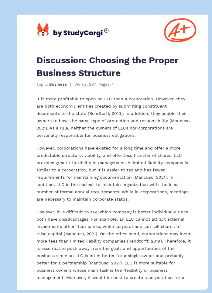 Discussion: Choosing the Proper Business Structure. Page 1