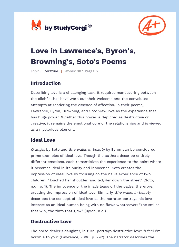 Love in Lawrence's, Byron's, Browning's, Soto's Poems. Page 1