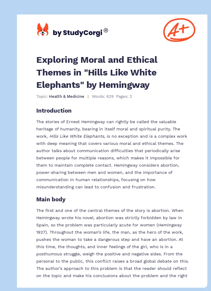 Exploring Moral and Ethical Themes in "Hills Like White Elephants" by Hemingway. Page 1