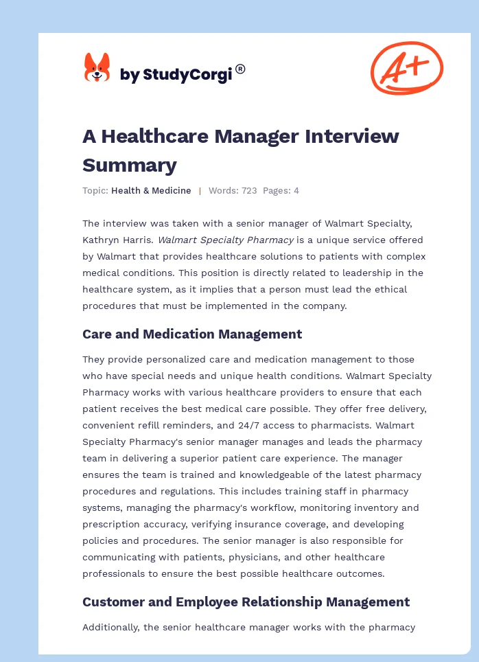 A Healthcare Manager Interview Summary. Page 1