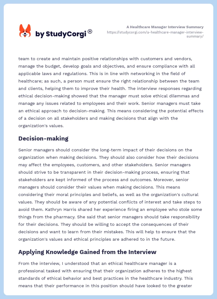 A Healthcare Manager Interview Summary. Page 2