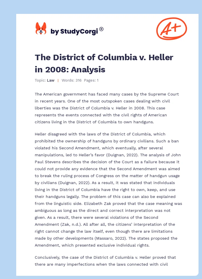 The District of Columbia v. Heller in 2008: Analysis. Page 1