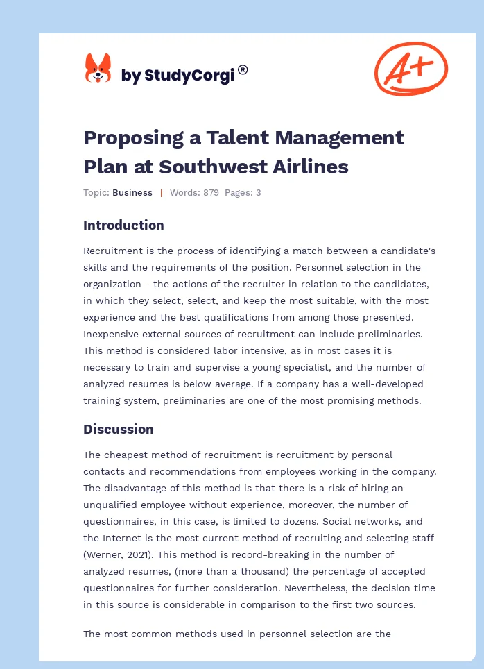 Proposing a Talent Management Plan at Southwest Airlines. Page 1