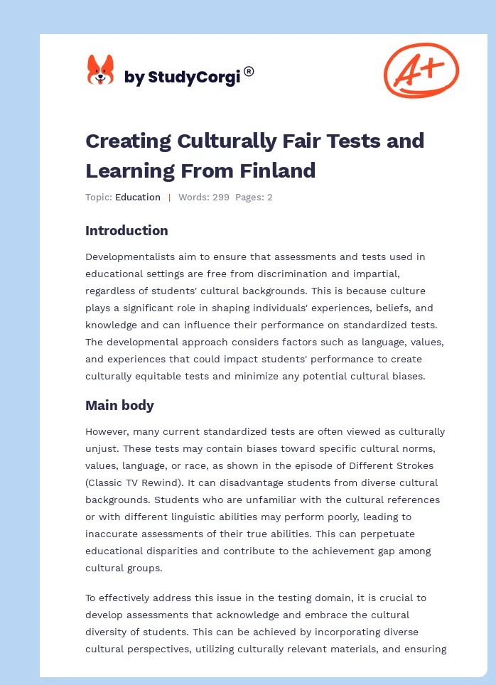 Creating Culturally Fair Tests and Learning From Finland. Page 1