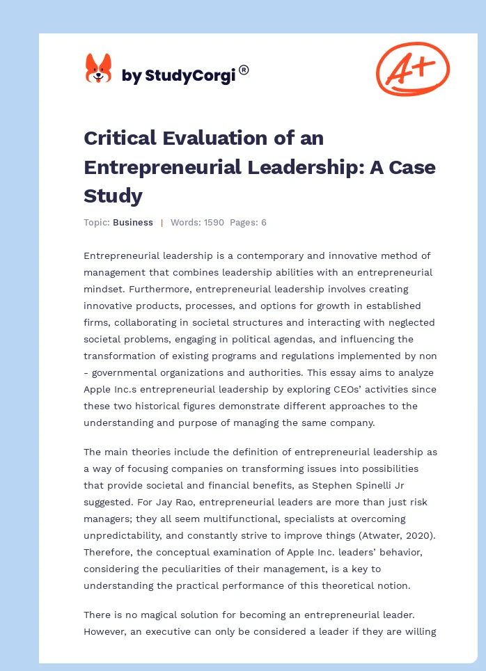 Critical Evaluation of an Entrepreneurial Leadership: A Case Study. Page 1