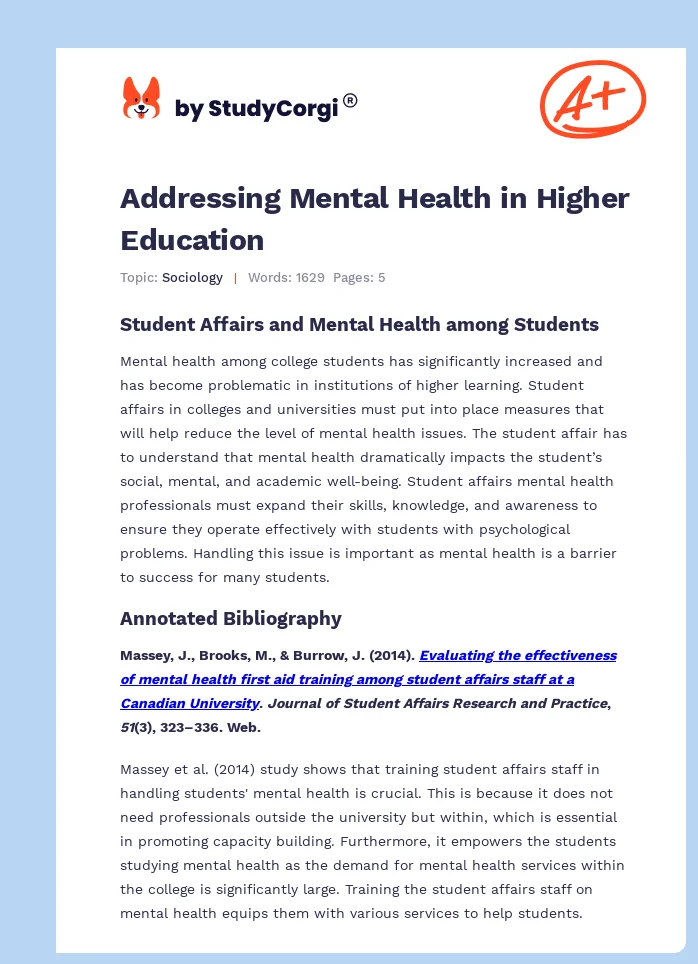 Addressing Mental Health in Higher Education. Page 1