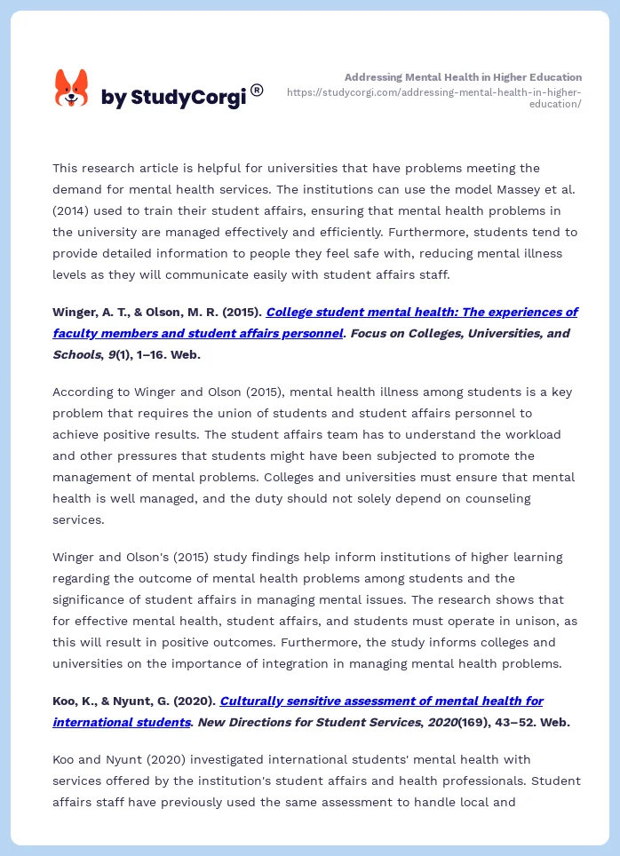 Addressing Mental Health in Higher Education. Page 2