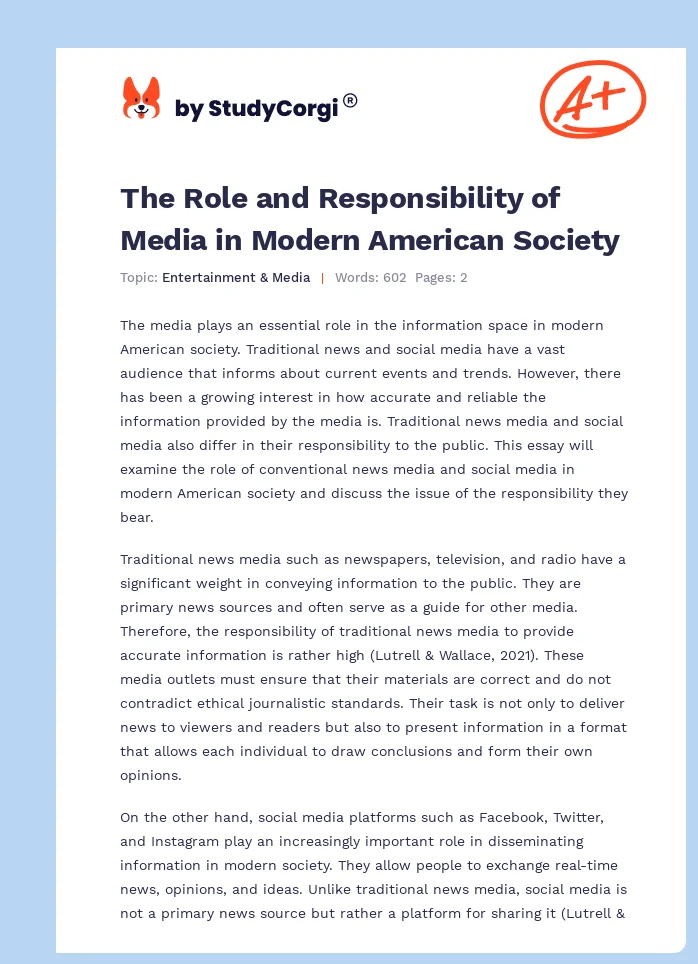 The Role and Responsibility of Media in Modern American Society. Page 1