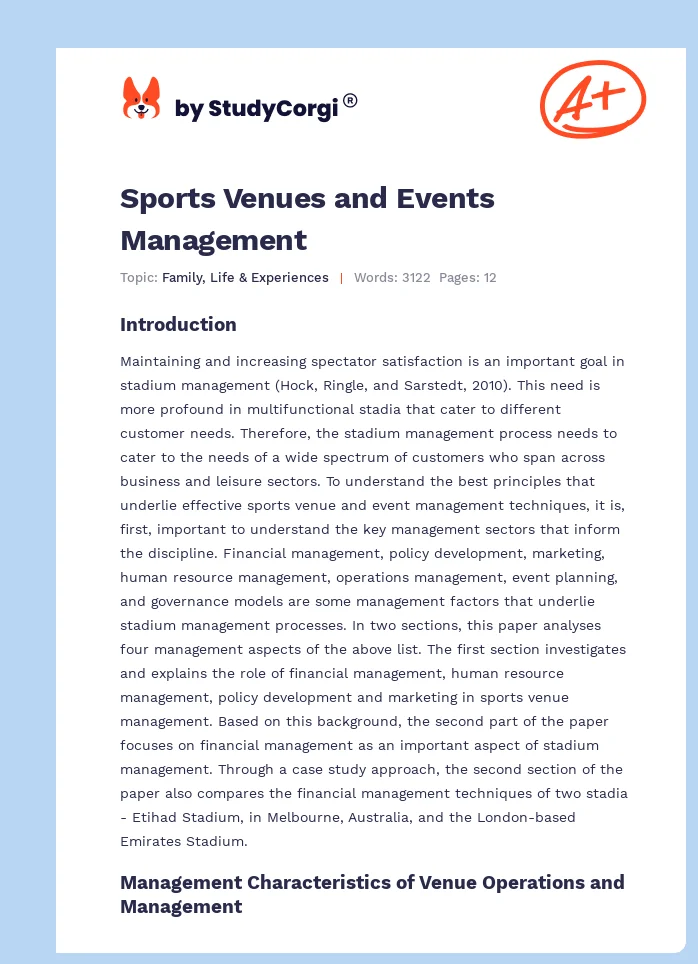 Sports Venues and Events Management. Page 1