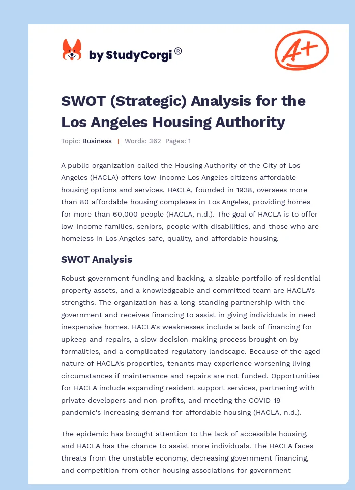 SWOT (Strategic) Analysis for the Los Angeles Housing Authority. Page 1