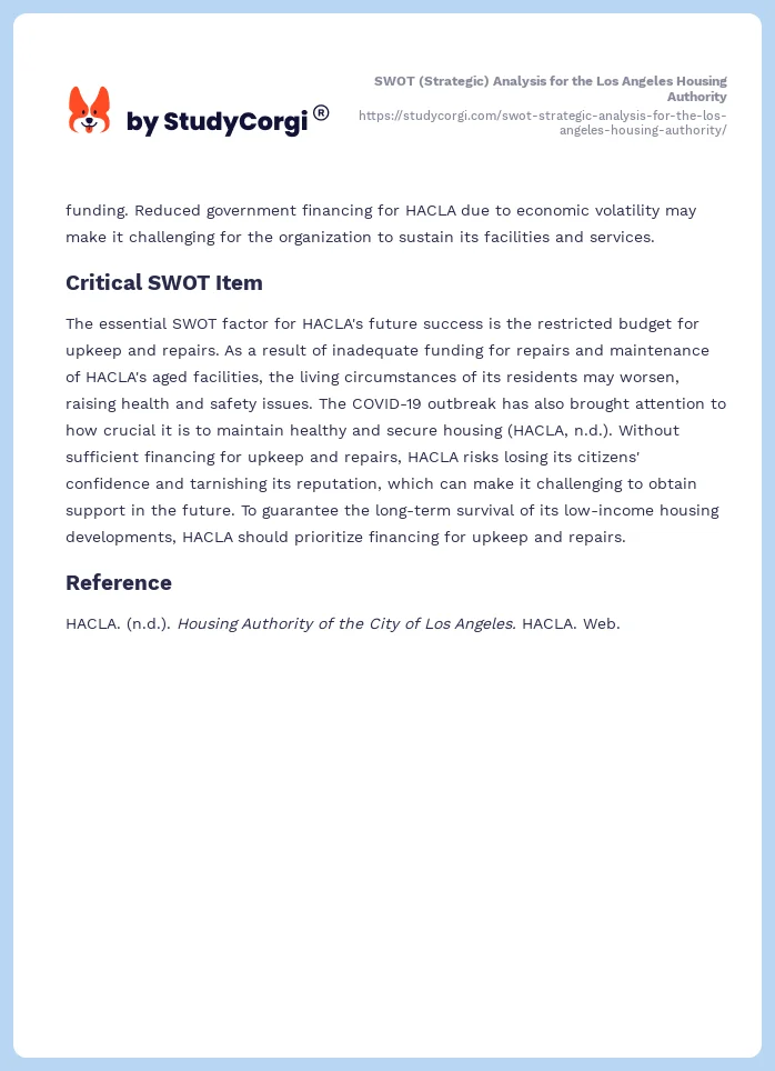 SWOT (Strategic) Analysis for the Los Angeles Housing Authority. Page 2