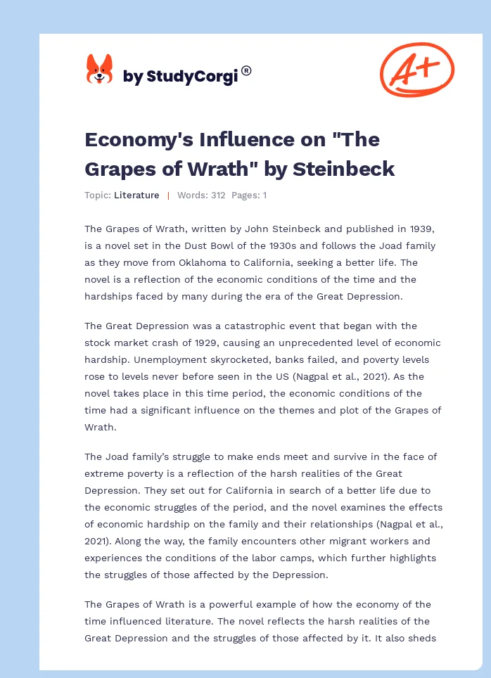 Economy's Influence on "The Grapes of Wrath" by Steinbeck. Page 1