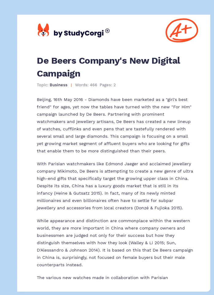 De Beers Company's New Digital Campaign. Page 1