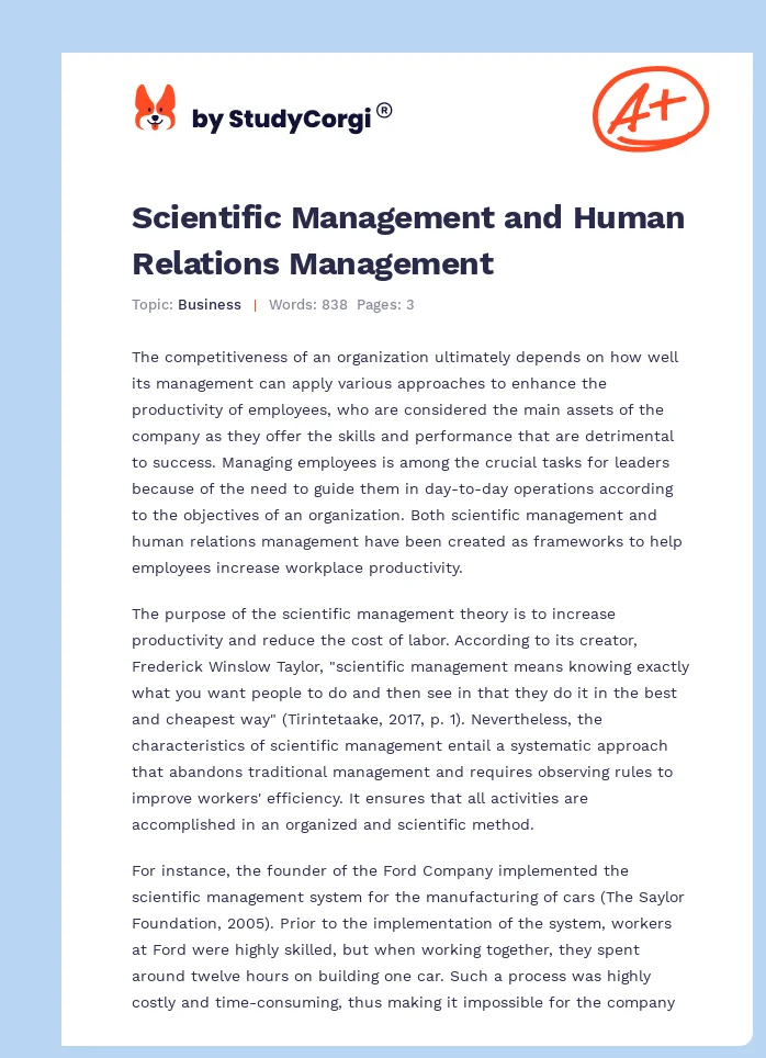 Scientific Management and Human Relations Management. Page 1