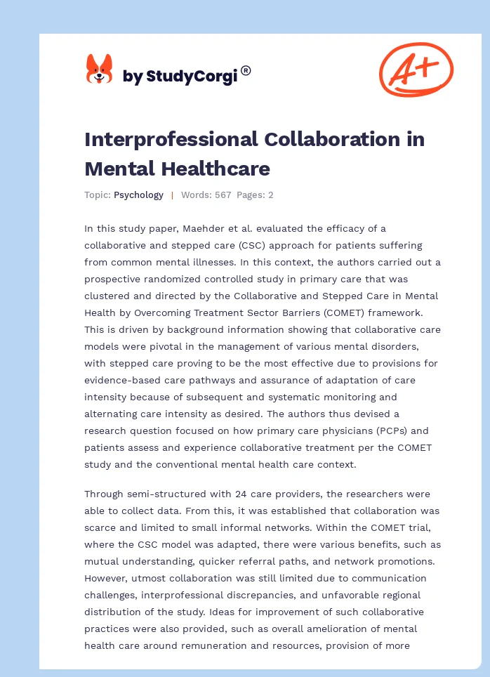 Interprofessional Collaboration in Mental Healthcare. Page 1