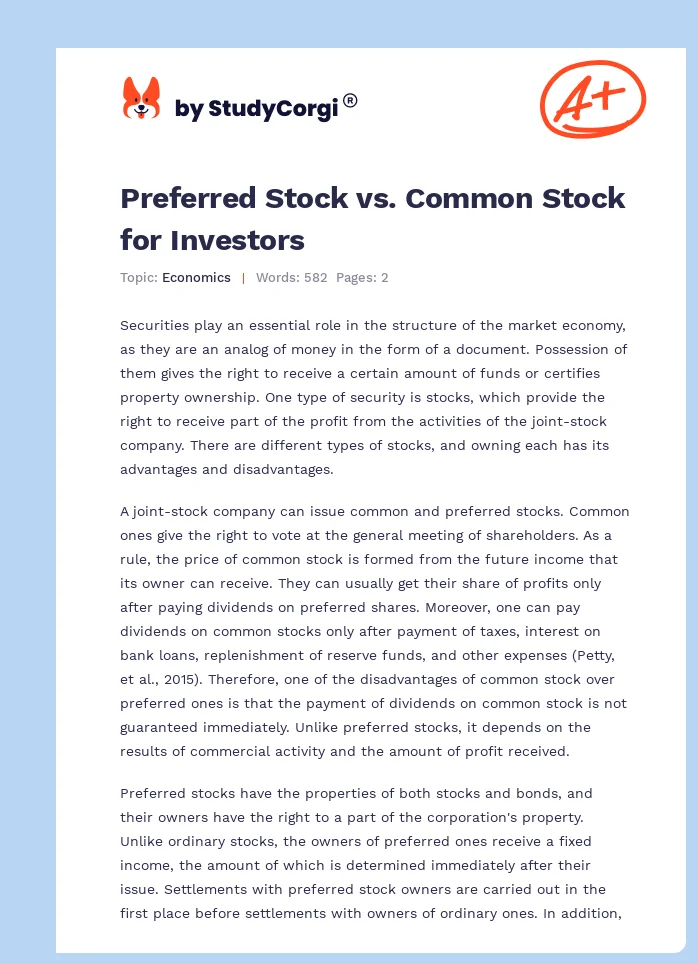 Preferred Stock vs. Common Stock for Investors. Page 1