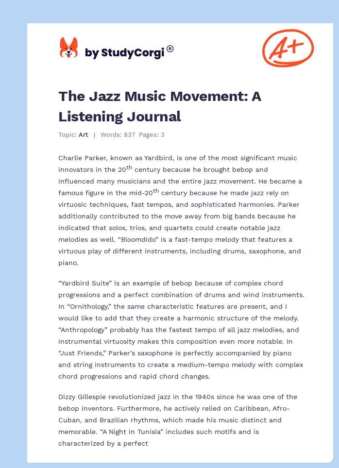 The Jazz Music Movement: A Listening Journal. Page 1